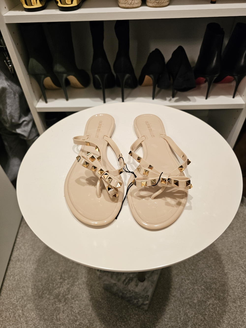 Olivia Miller Beige Jelly Thong Sandals with Gold Pyramid Studs